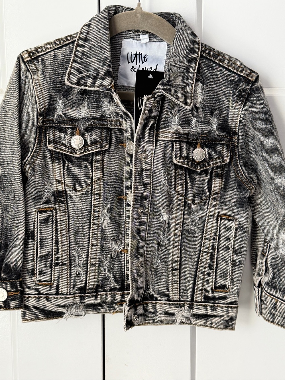 Little and Loved Black Acid-Wash Distressed Denim Jacket